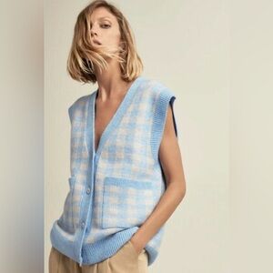 Zara Cardigan Vest Gingham Blue Cream V-Neck Crystal Glass Sweater S Small